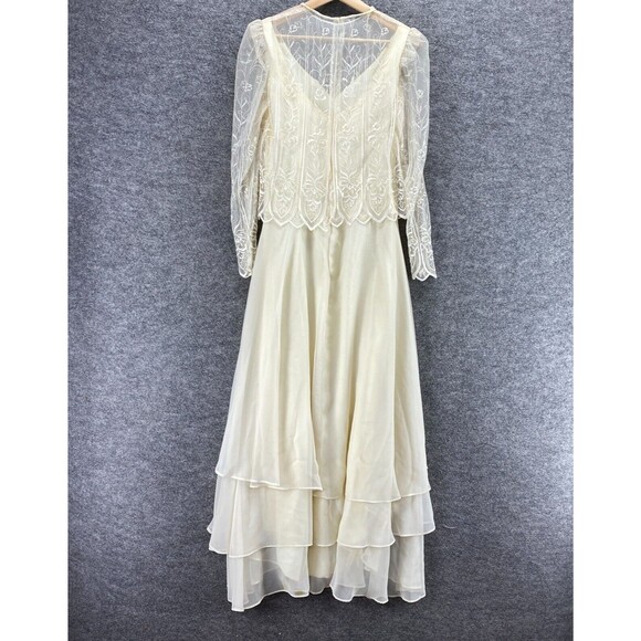 Vintage Dress Women 10 Beige Maxi Long Zipper Long Sleeve Ruffle Crew Neck - Picture 2 of 12